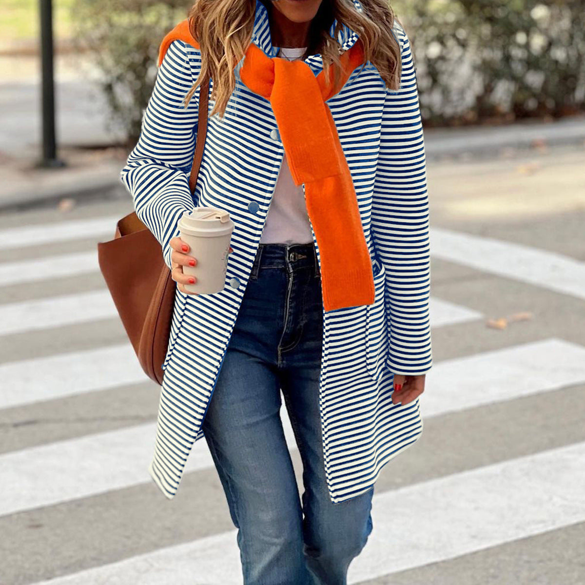 Women's Elegant Striped Hooded Knitted Long-sleeved Coats