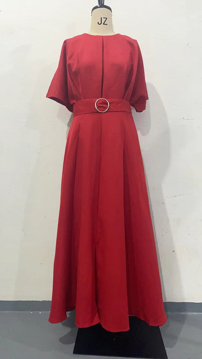 Color Fashion Round Neck Sleeves Dress Belt Shorts