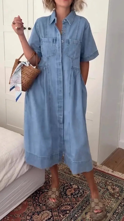 Women's Fashion Wear Lapel Denim Pocket Dresses