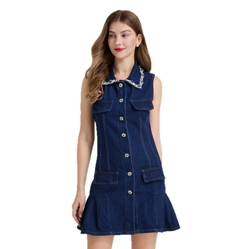 Women's French Style Rhinestone Waist Pleated Denim Dresses