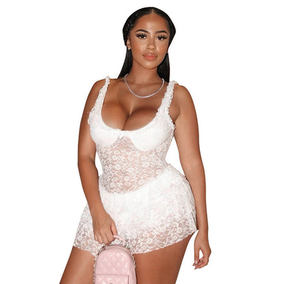 Women's Summer Exquisite Strap Transparent Lace Ruffled Dresses