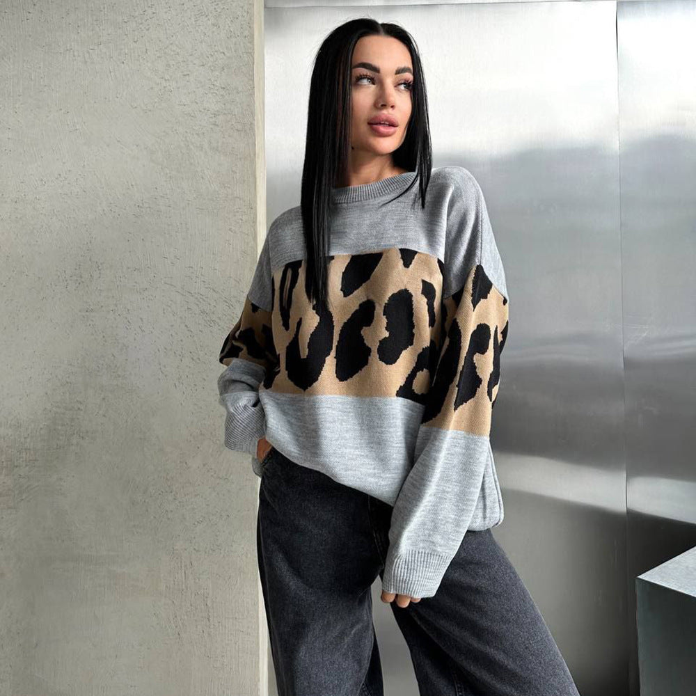 Women's Contrast Color Fashionable Loose Round Neck Idle Style Early Sweaters