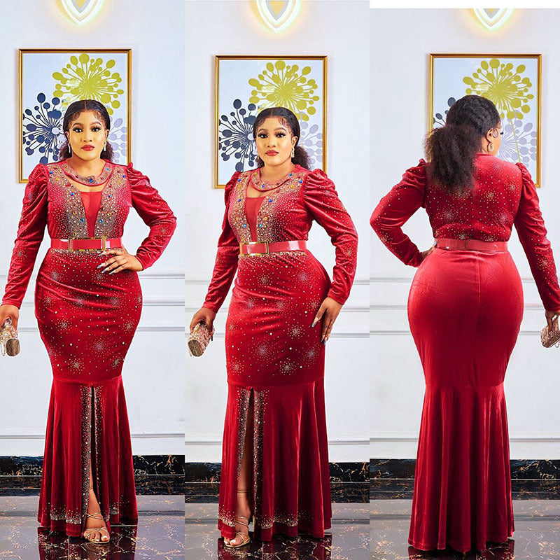 Women's Gold Veet Rhinestone Luxury Fishtail Long-sleeved Dress Long Dresses