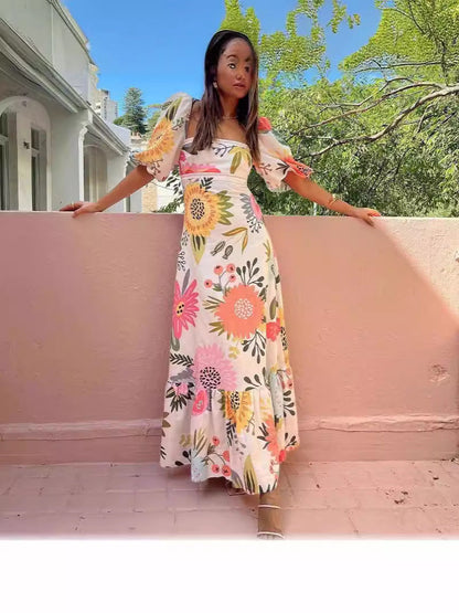 Printed Lantern Sleeve Large Swing Dress Dresses