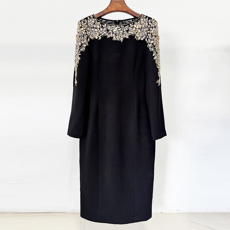 Fashion Stitching Mesh Beads Rhinestones Mid-length Dresses