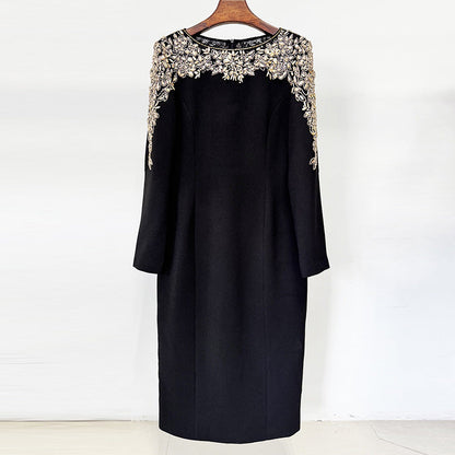 Fashion Stitching Mesh Beads Rhinestones Mid-length Dresses