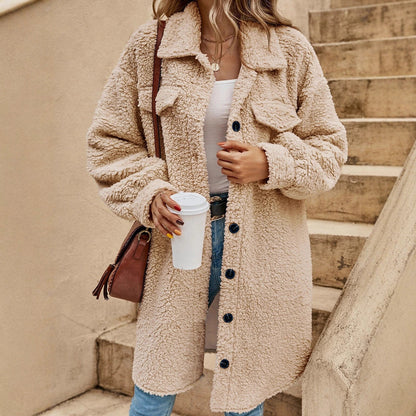 Women's Winter Buckle Lapel Plush Loose Temperament Coats