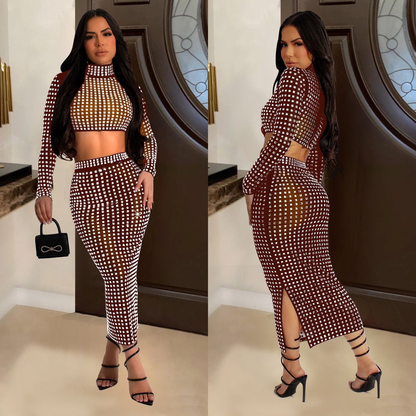 Women's Wear Solid Color Rhinestone Mesh Two-piece Dresses