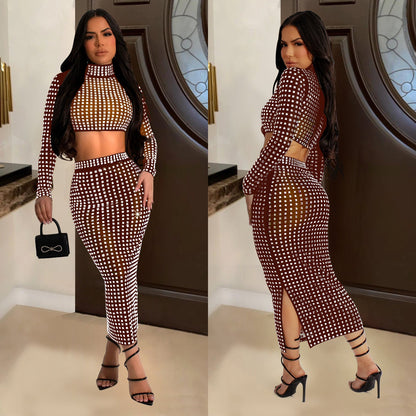 Women's Wear Solid Color Rhinestone Mesh Two-piece Dresses