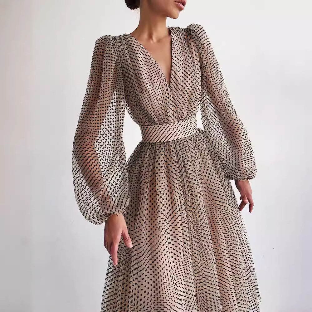 Elegant Lady Puff Sleeve Polka Dot Dresses