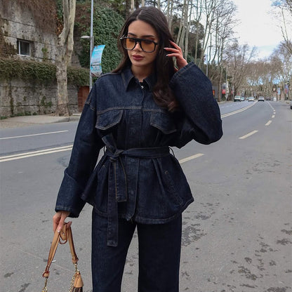 Elegant Lapel Belt Denim Long Sleeve Suits
