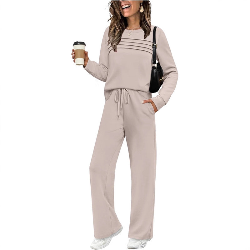Women's Autumn Long Sleeve Round Neck Casual Elastic Waist Trousers Suits