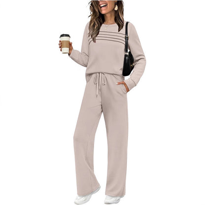 Women's Autumn Long Sleeve Round Neck Casual Elastic Waist Trousers Suits
