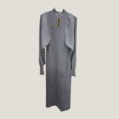 Women's Elegant Metal Decorative Batwing Sleeve Knitted Elastic Long Dresses
