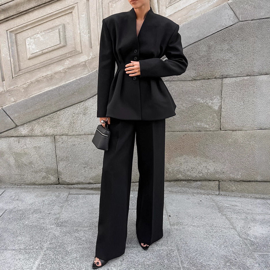Women's Black High-grade Long-sleeved Pleated Waist Tight Suits