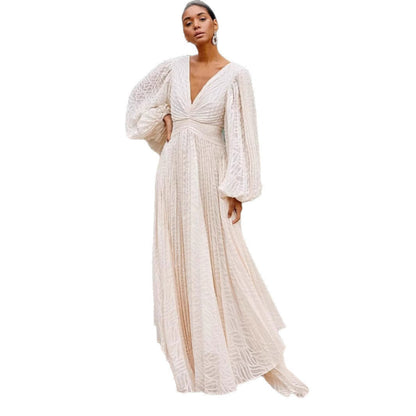 Women's Long-sleeved Oversized Jacquard Pleated Lantern Sleeve Dresses