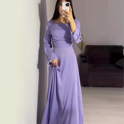 Spring Diamond Studded Hand Ribbon Design Long Sleeve Satin Dresses
