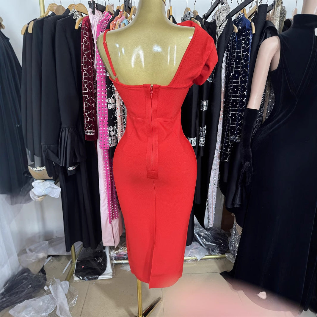 Red Flower Backless Slim Mid-length Bandage Dresses
