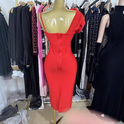 Red Flower Backless Slim Mid-length Bandage Dresses