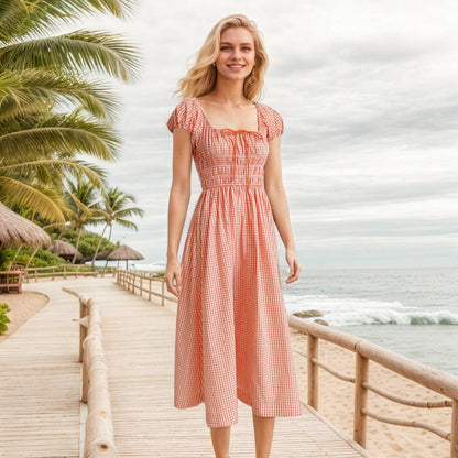 Women's Plaid Square Collar Cotton Holiday Waist Mid-length Dresses