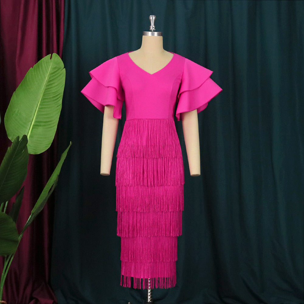 Women's Ruffle Sleeve High Waist Tassel Party Dresses