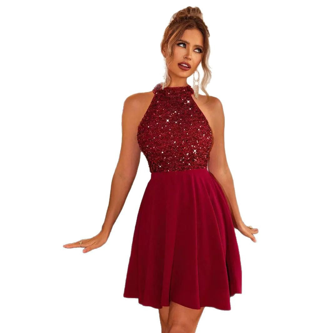 Women's Sexy Temperament Beaded Sleeveless Slim Halter Dresses