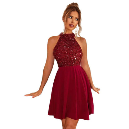 Women's Sexy Temperament Beaded Sleeveless Slim Halter Dresses