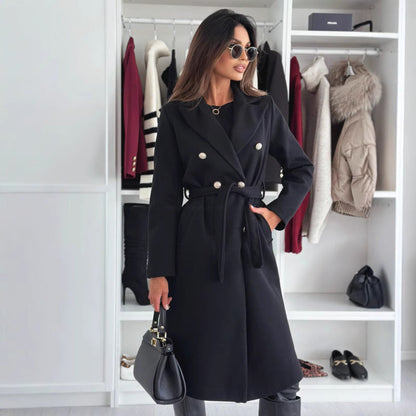 Women's Simple Fashion Solid Color Double-breasted Woolen Coats