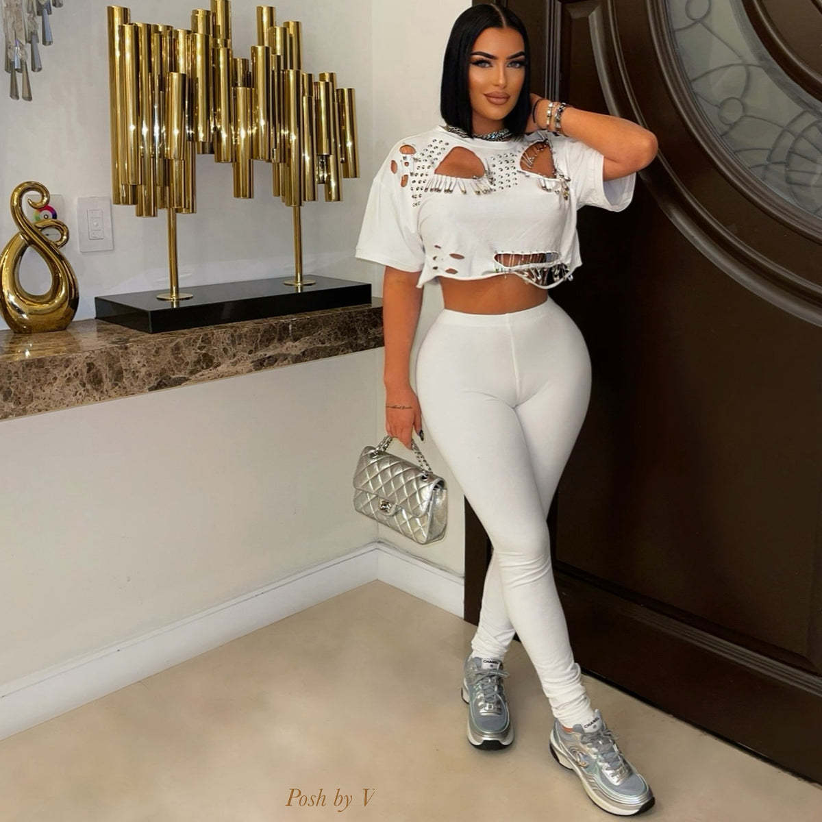 Fashion Round Neck Ripped Pin T-shirt Shorts