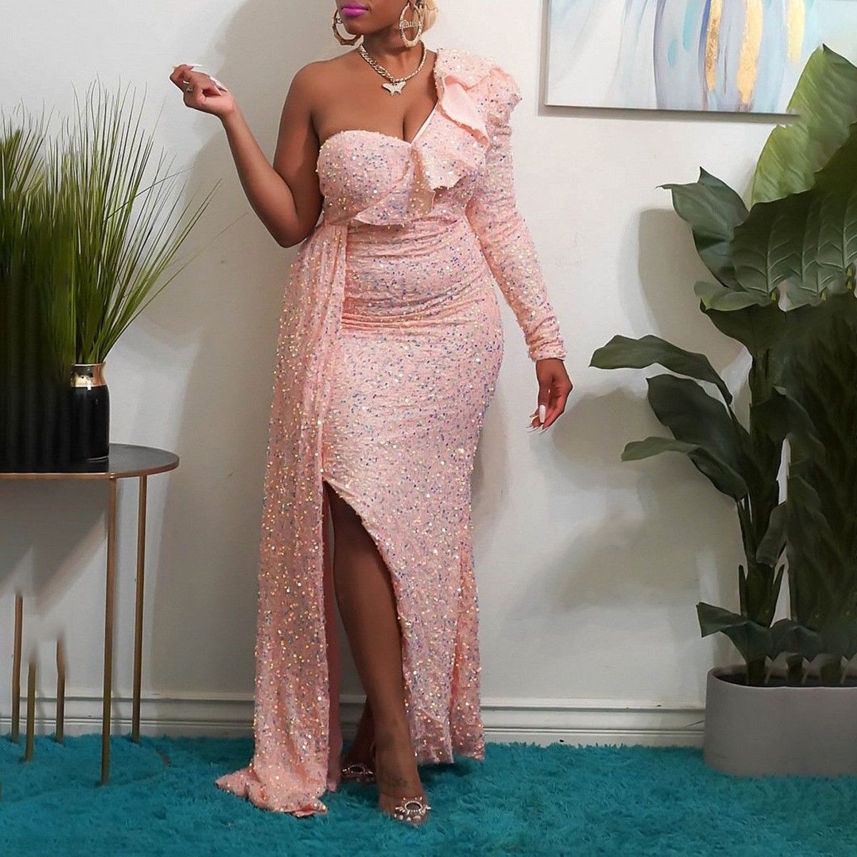 Women's African Dress Fashion One Shoulder Sequin Dresses