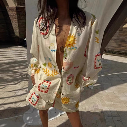 Women's Graceful Shirt Print Holiday Outfit Suits