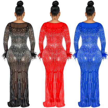 Women's Fashion Nightclub Party Hot Drilling Mesh Dresses