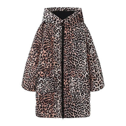 Women's Fashion Leopard Print Design Hooded Thickened Coats
