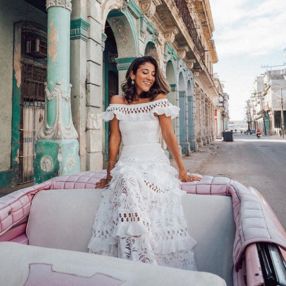 Women's Ruffled Hollow White Wide Hem Lace Dresses