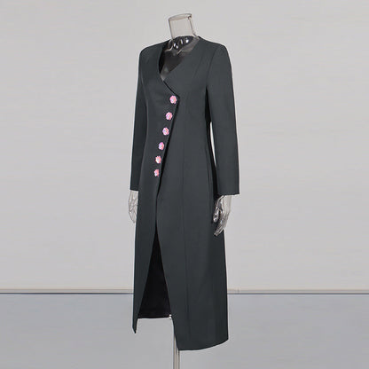 Commute Style Flower Button Stitching Design Solid Color Long Coats
