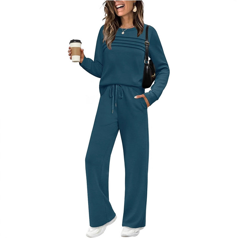 Women's Autumn Long Sleeve Round Neck Casual Elastic Waist Trousers Suits