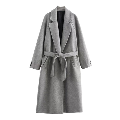 Women's Graceful Fashionable With Belt Long Woolen Coats