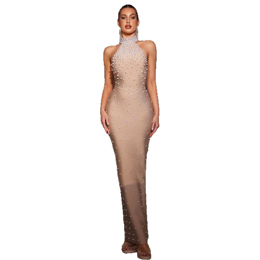 Women's Pearl Beaded Tight Sleeveless Khaki Bandage Dresses