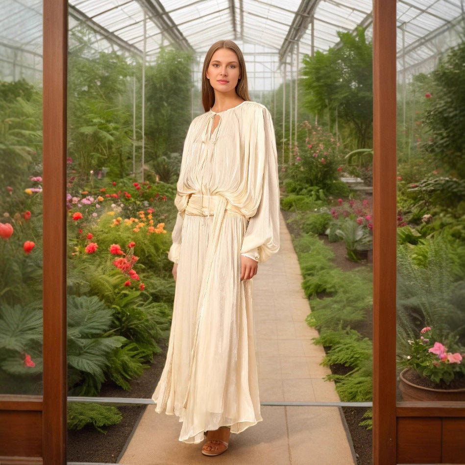 Women's Color Long Dress Autumn Waist Slimming Sleeve Dresses