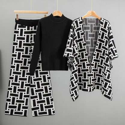 Women's High-grade Elegant Shawl Fashionable Jacquard Three-piece Sweaters