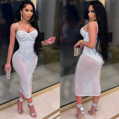 Women's Classic Sling Rhinestone Slim Dress Dresses