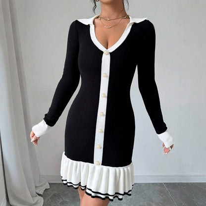 Pleated Contrast Color Lapels Button Long Dresses