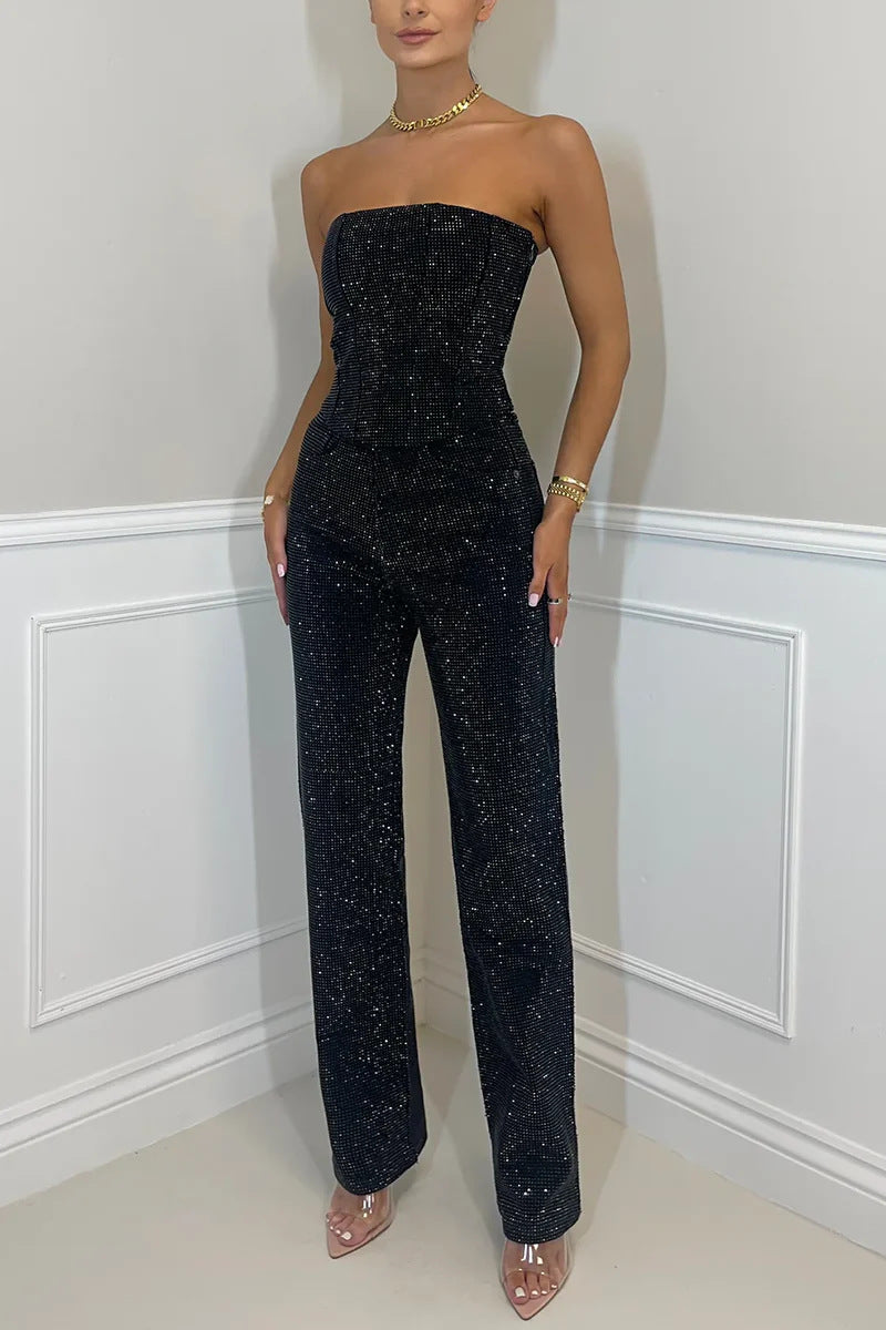 Women's Sexy Shiny Diamond Trousers Two-piece Set Suits