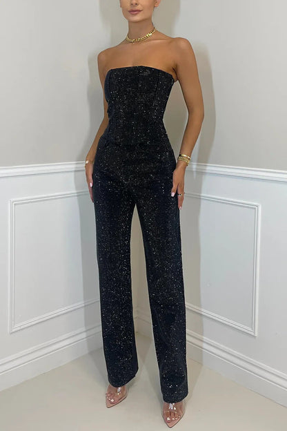 Women's Sexy Shiny Diamond Trousers Two-piece Set Suits
