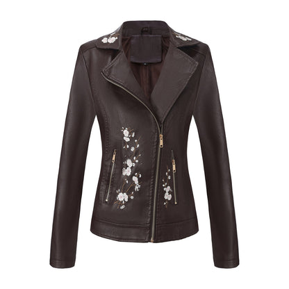 Women's Embroidered Leather Oblique Zipper Long Sleeve European Jackets