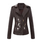 Women's Embroidered Leather Oblique Zipper Long Sleeve European Jackets