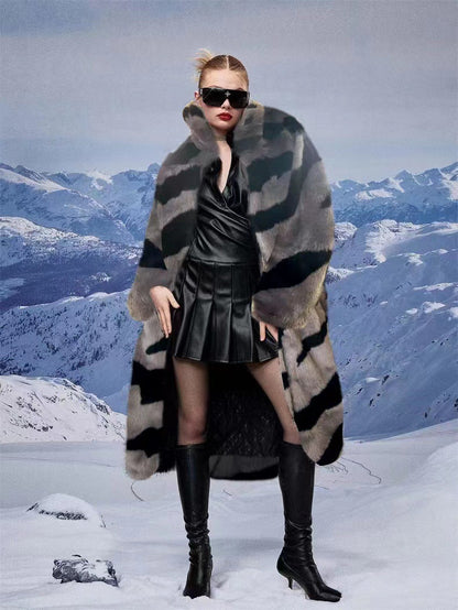 Fur Imitation Tiger Pattern Lengthened Artificial Wool Loose Coats
