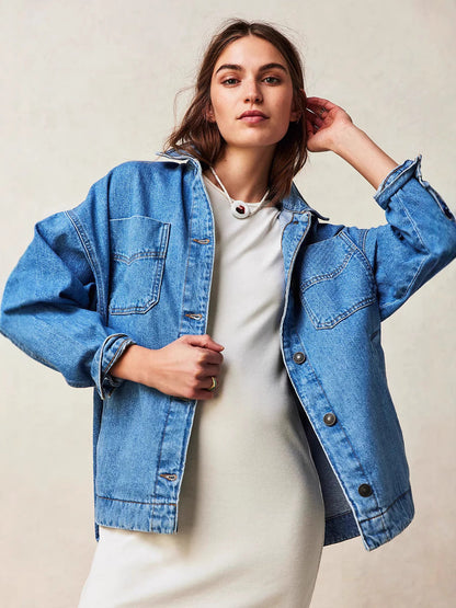 Women's Casual Versatile Pocket Side Slit Denim Jackets