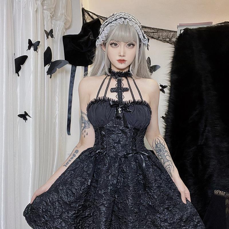 Women's Halloween Dress Winter Personality Cross Halter Dark Dresses