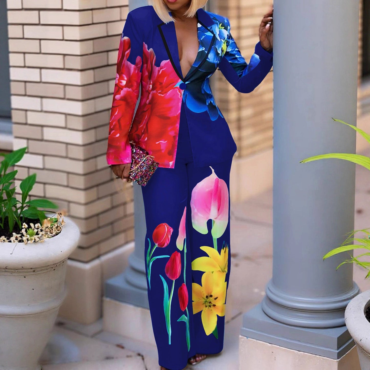 Women's Single Button Placket Casual Two-piece Set Suits